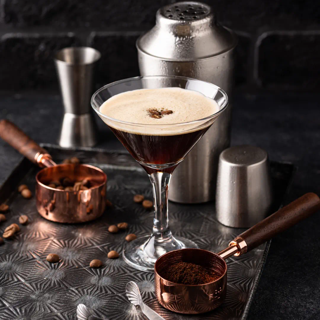 Espresso Martini Cocktail in a martini glass with coffee beans garnish